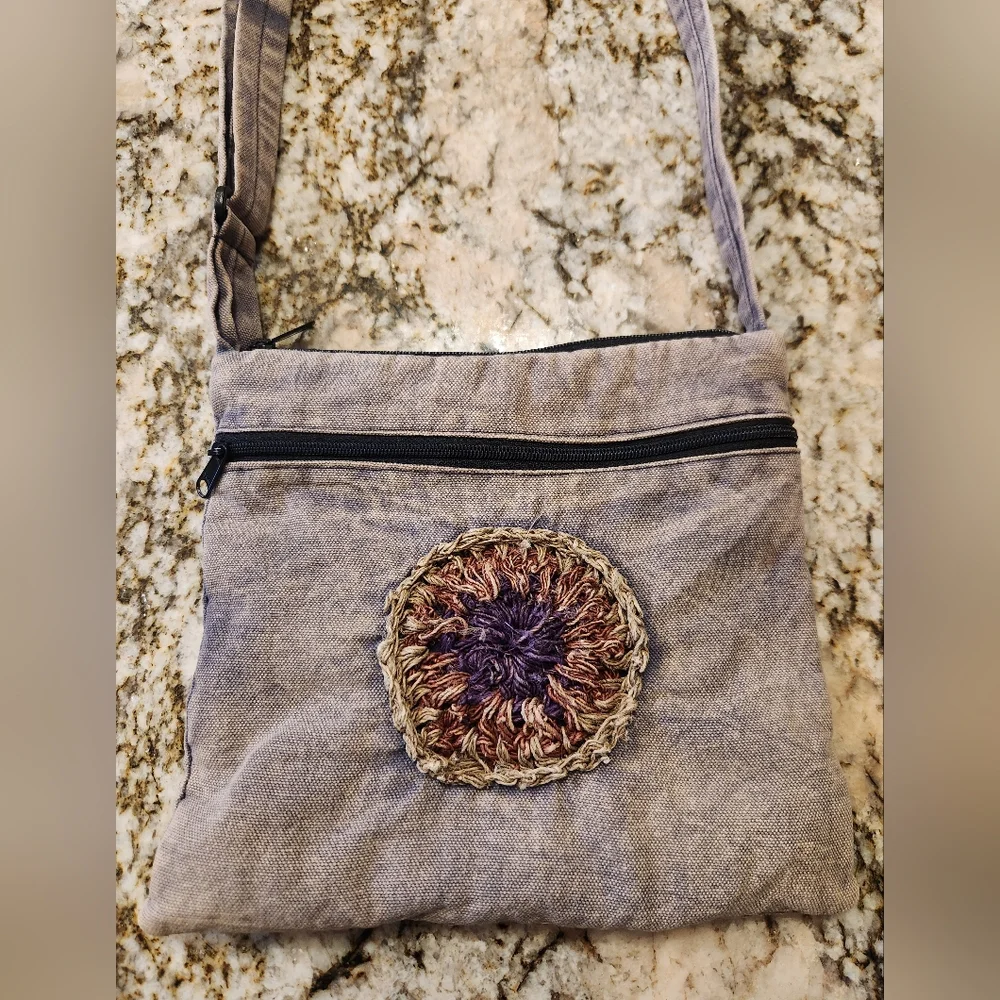 Blue Sky Boho Crossbody Purse, Cotton, Made In Nepal, White Washed Denim EUC